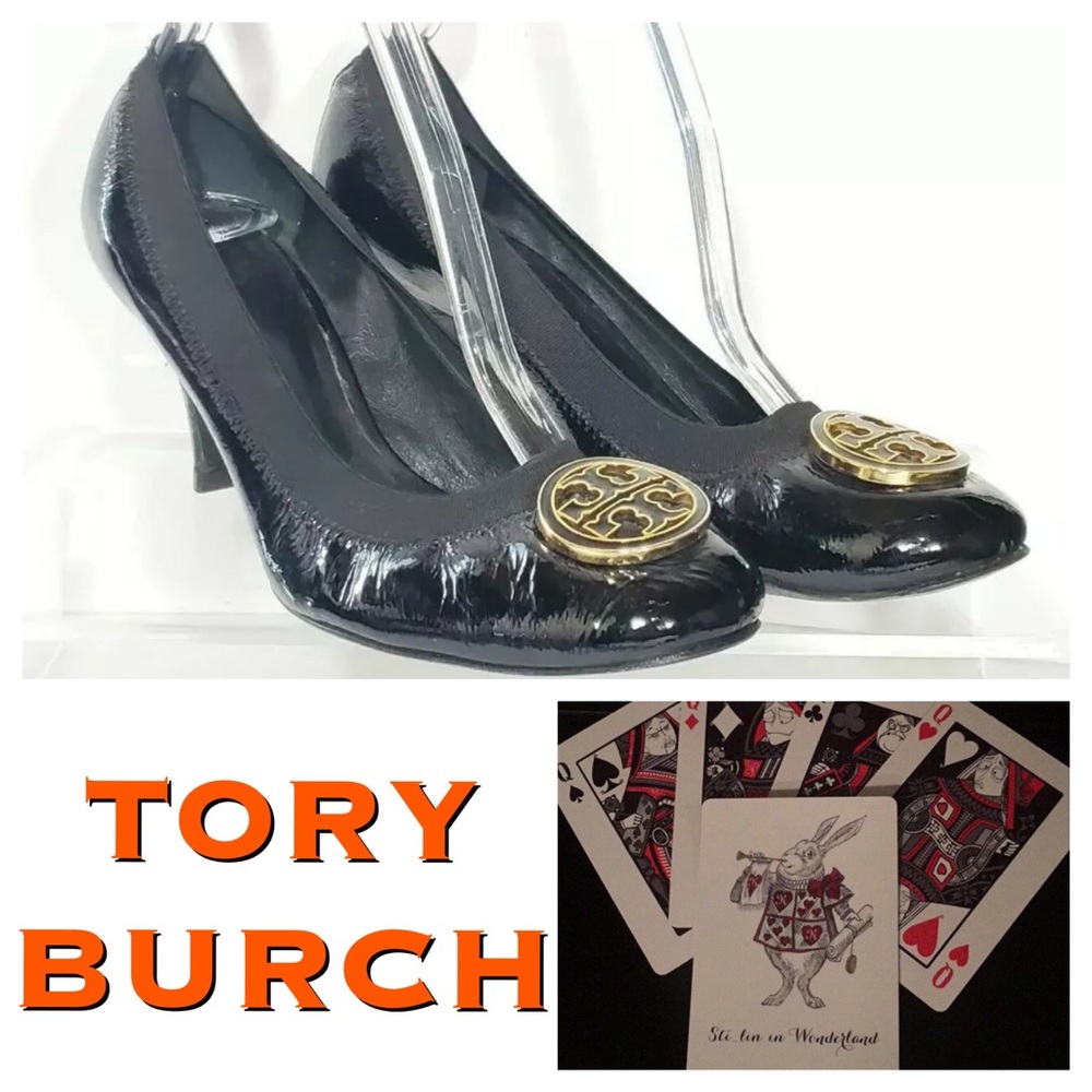 Tory Burch Caroline Patent Leather Heels Gold Logo
